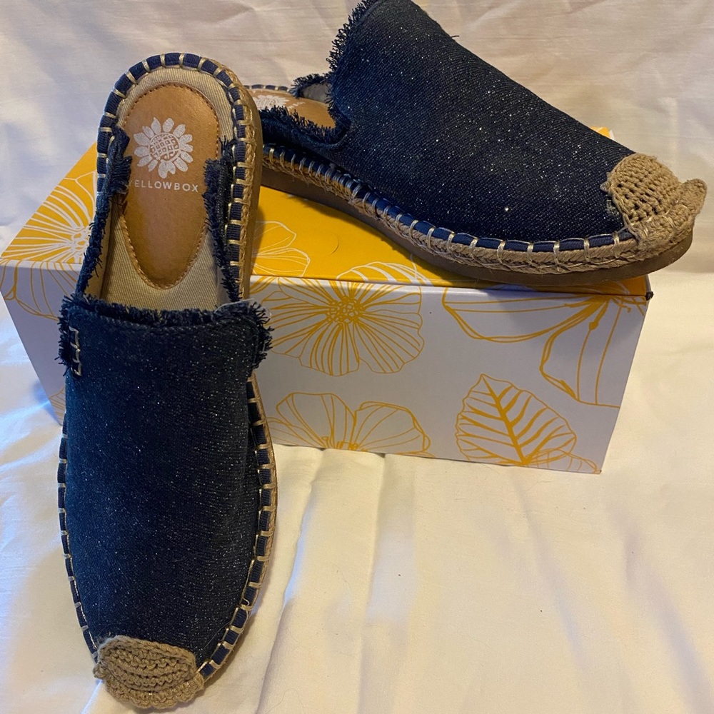 Yellow Box sparkly denim mules. Size 8
